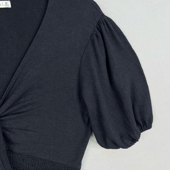 Abercrombie Fitch Shirt Womens Medium Black Puff Sleeve Smocked Crop Top Cottage - Picture 3 of 11